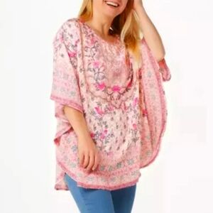 TOLANI COLLECTION Narissa Beige Pink Floral Bird Kimono Top - XL